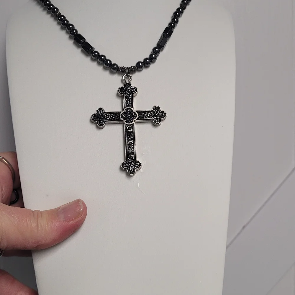 Stylish Black and Silver Cross Pendant Necklace